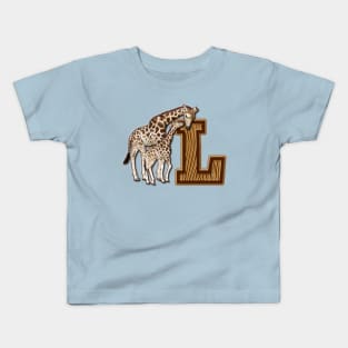 Mom and Baby Giraffe Monogram L Kids T-Shirt